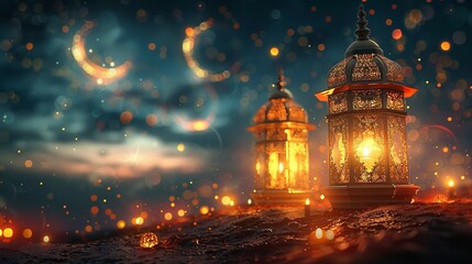 Fototapeta premium Ramadan Mubarak crescent moon and lanterns template showcasing elegant, Ramadan Kareem set of posters and showcasing elegant Islamic lanterns.