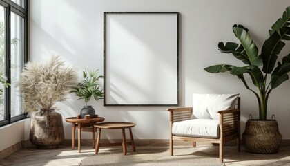 Modern minimalist living room with vertical frame mockup hanging on white wall
