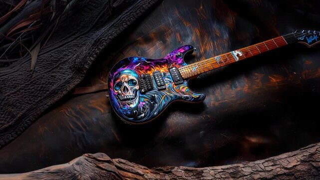 Electric guitar painted in the shape of a skull