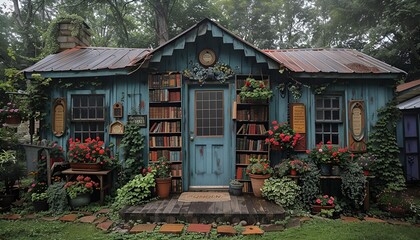 Fototapeta premium a blue house with bookshelves and flowers. 