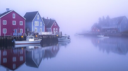 A misty harbor at dawn, with colorful houses lining the shore and boats gently bobbing in the water, creating a mystical atmosphere.