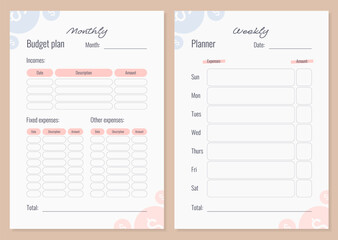 Monthly and weekly budget planner. Design with coins. Vector illustration.