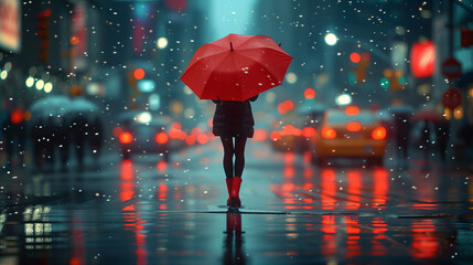 Red Umbrella in the Rain. A person holding a red umbrella on a rainy city street at night.