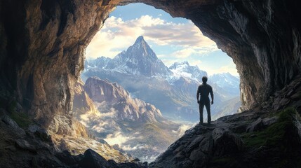Fototapeta premium A rugged man standing in a cave entrance, with dramatic rocky peaks visible in the distance, embodying the essence of adventure.