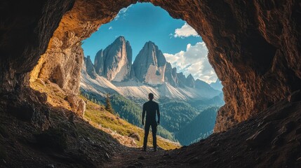 Fototapeta premium A rugged man standing in a cave entrance, with dramatic rocky peaks visible in the distance, embodying the essence of adventure.