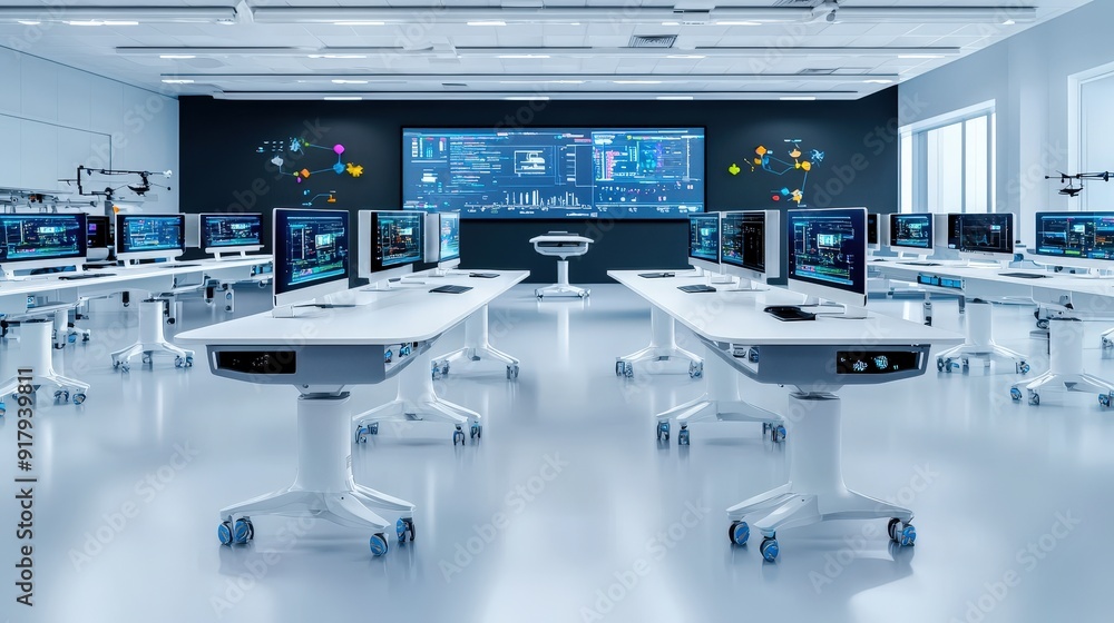 Poster a classroom in the future with smart desks that have displays and internet built in