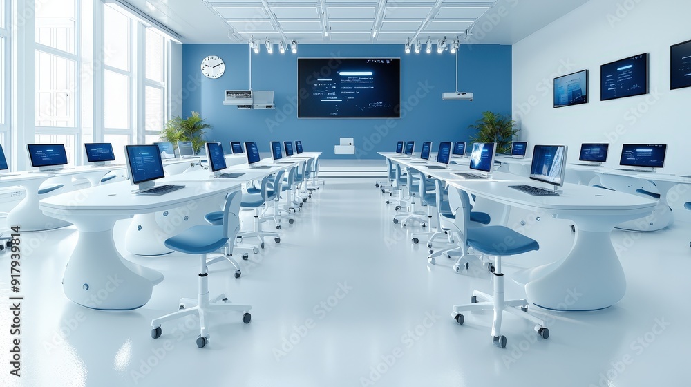 Poster smart desks with built-in screens and connectivity in a futuristic classroom
