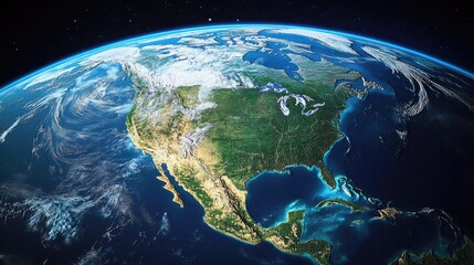 A stunning satellite view of North America from space, capturing the continent's diverse landscapes and natural wonders.