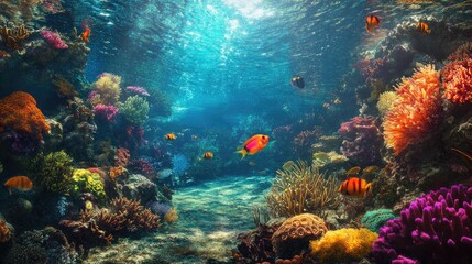 Naklejka premium A stunning underwater landscape with coral formations, schools of fish, and the vibrant colors of marine life.