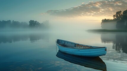 Obraz premium A fishing boat on a calm river, photo style, cool colors, early morning light, mist rising from water