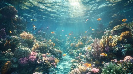 Fototapeta premium A thriving underwater ecosystem, with a coral reef full of life as fish swim freely among the corals.