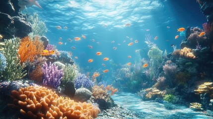 Naklejka premium A thriving underwater ecosystem, with a coral reef full of life as fish swim freely among the corals.