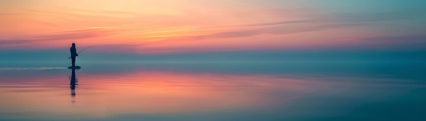 Obraz premium A person fishing at sunrise, photo style, pastel colors, early morning light, calm water