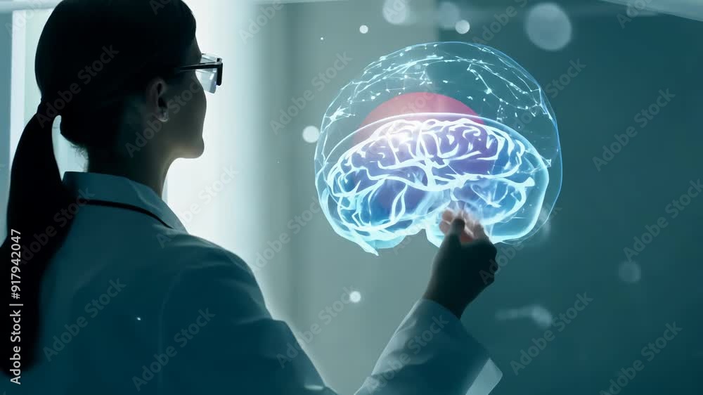 Poster a researcher analyzes a glowing holographic brain displayed in a high-tech laboratory setting