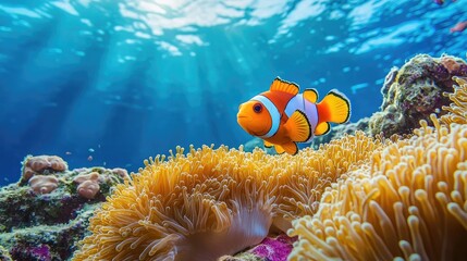 A vibrant clownfish swimming among the anemones on a coral reef, showcasing its bright colors in a natural habitat.
