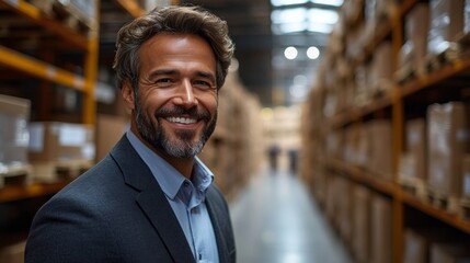 Naklejka premium A man in a suit is smiling in a warehouse