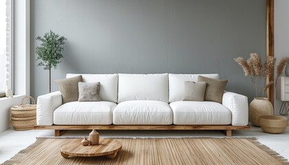 Interior of contemporary apartment featuring minimalist design with natural elements