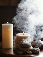 Tranquil zen setup with candles and rocks creating a calming atmosphere