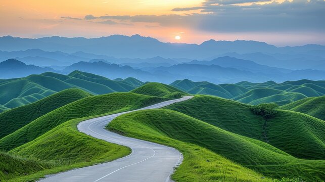 A highway gently winding through rolling green mountains, bathed in the soft, golden light of a sunset with vibrant clouds in the sky