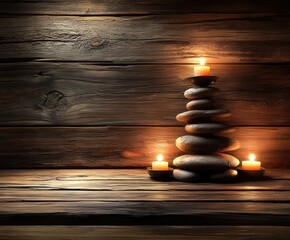 Obraz premium Tranquil zen setting with stacked stones and flickering candles
