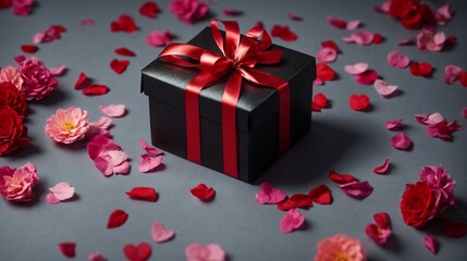 Black Gift Box with Red Ribbon and Rose Petals: A sophisticated and romantic image of a black gift box tied with a red ribbon, surrounded by scattered rose petals. Perfect for Valentine's Day, anniver