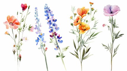 Fototapeta premium Wild flowers set, watercolor digital illustration. Perfectly for poster, card design. Mother's Day, Birthday