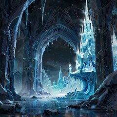 Mythical Ice Kingdom with Crystal Palaces and Frozen Landscapes – A Detailed Illustration Featuring Glowing Ice Structures and Magical Snowfall
