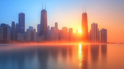 Obraz premium Sunrise glow city skyline tranquil water