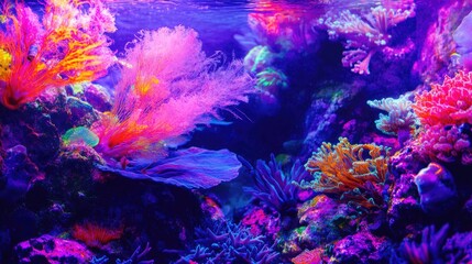 Fototapeta premium An aquarium coral reef under ultraviolet light, with the marine life and corals glowing in bright, neon hues.
