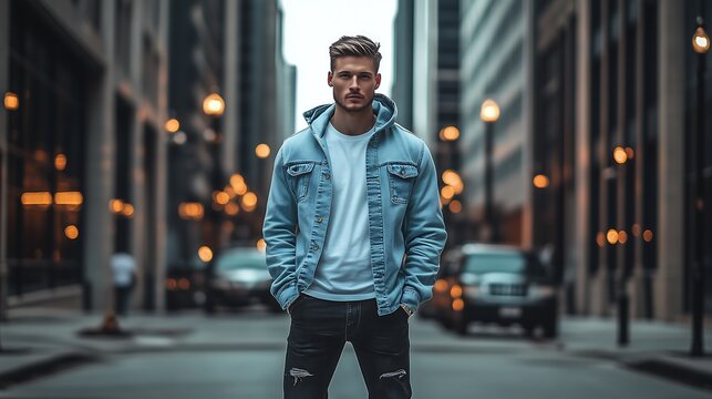 Man in a Denim Jacket in City Setting