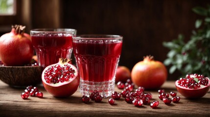 Pomegranate Juice Delight: A rustic still life featuring two glasses of ruby red pomegranate juice, surrounded by fresh pomegranates and scattered seeds, evoking a sense of natural sweetness and healt