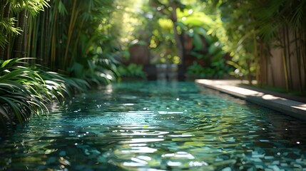 Serene Tropical Pool Surrounded by Lush Bamboo and Exotic Foliage