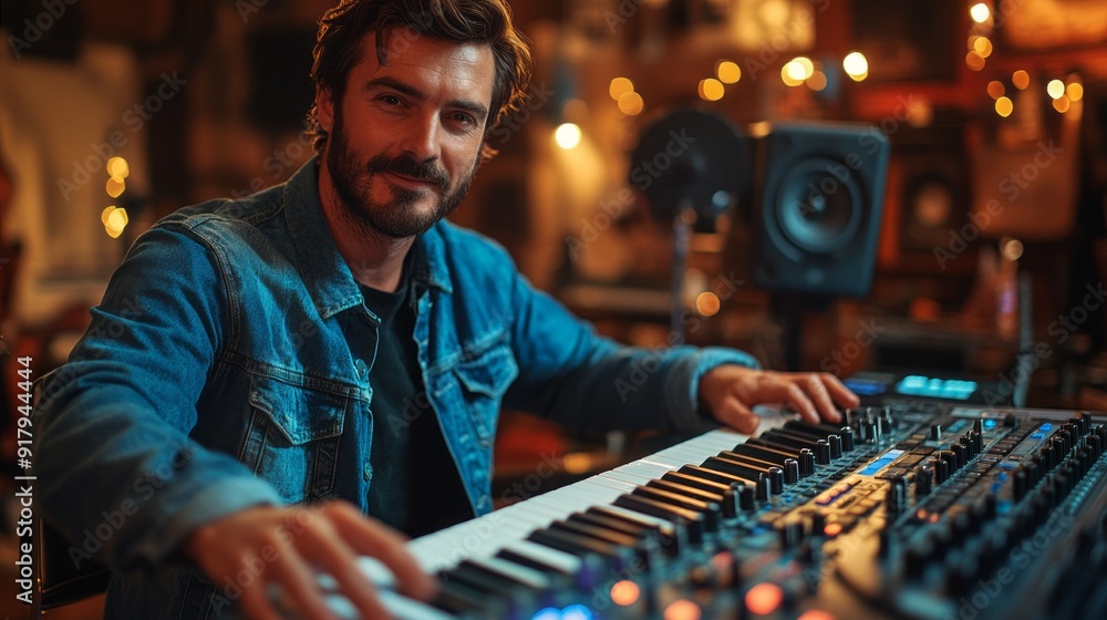 Poster a man is sitting in front of a keyboard and smiling