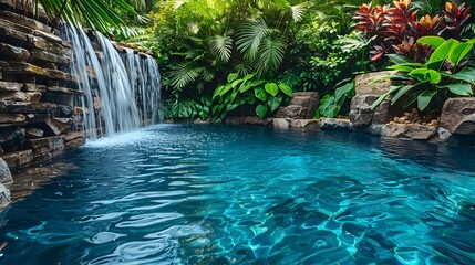 Lush Tropical Waterfall Pool Oasis in Exotic Jungle Paradise
