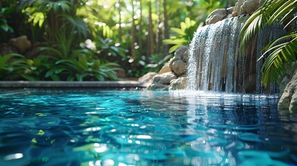 Serene Tropical Pool with Cascading Rock Waterfall and Lush Foliage