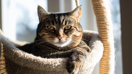 Cat relaxing in a cozy bed by the window during daylight