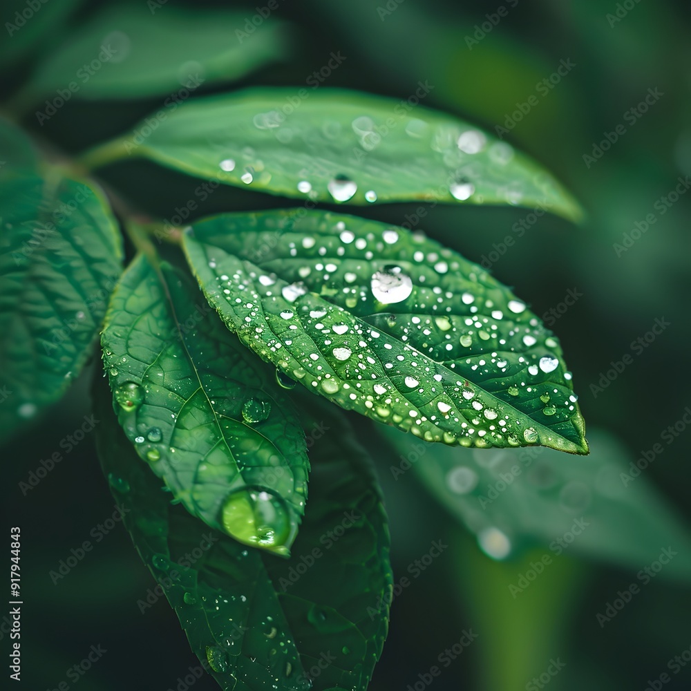 Sticker close up of a single raindrop on a verdant leaf displaying delicate details and glistening moisture