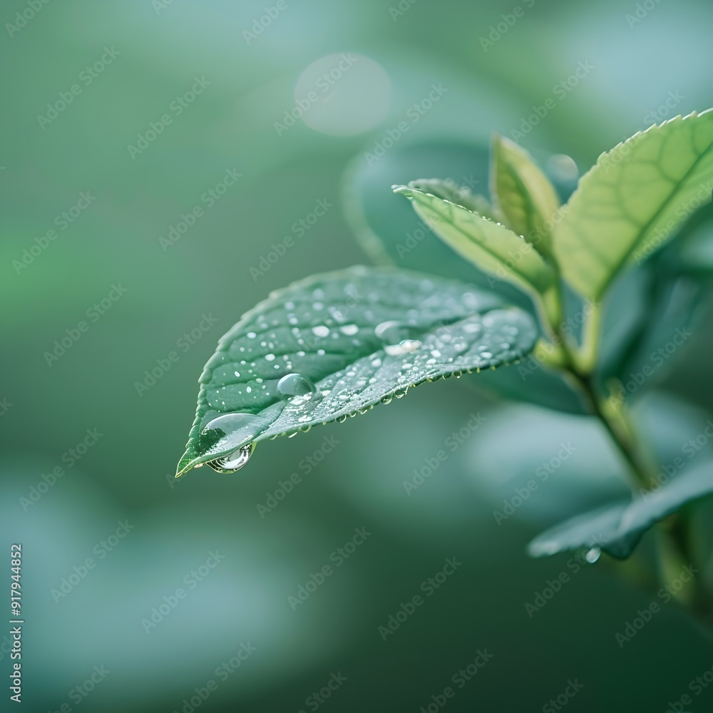 Wall mural Delicate Raindrop on a Verdant Leaf   Closeup Nature Photography