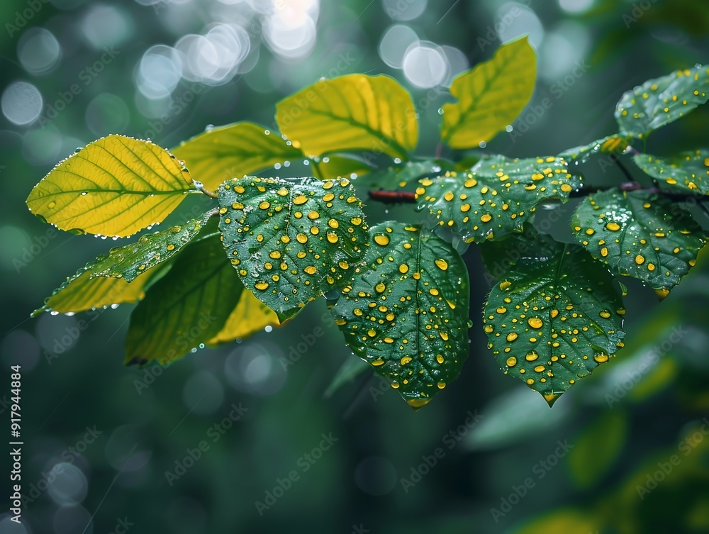 Poster Rainy Forest with Droplets on Lush Green Leaves Serene Misty Concept