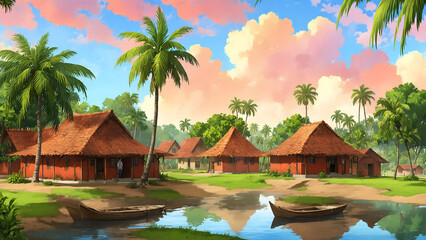 Beautiful rural village house, Indian village background for cartoon