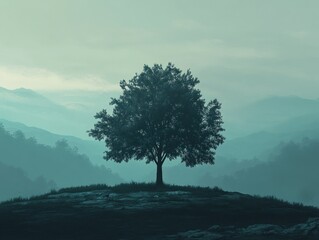Solitary Tree on a Misty Mountain