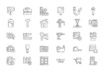 Construction and home repair line icons set. Outline vector illustration of tools, building materials, and house maintenance.