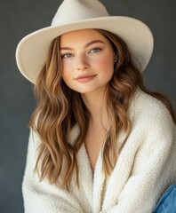 Casual fall fashion studio shoot featuring cozy layered attire