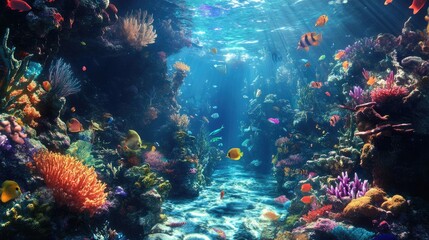 Naklejka premium An underwater tropical paradise, filled with a variety of fish and coral formations in a vibrant marine setting.