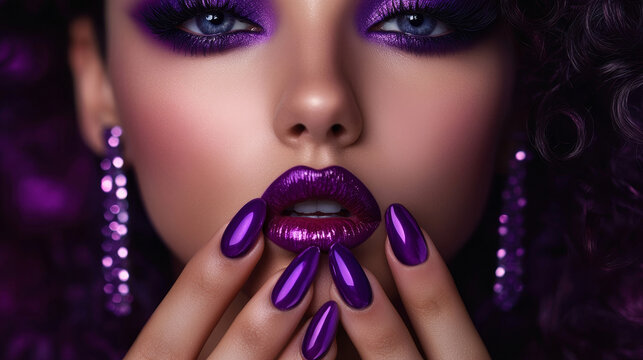 Feminine cosmetics woman's face with purple makeup and nails. Elegance and glomorous