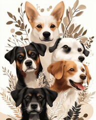 A charming illustration featuring five different dogs arranged beautifully with leaves, perfect for pet lovers and art enthusiasts.