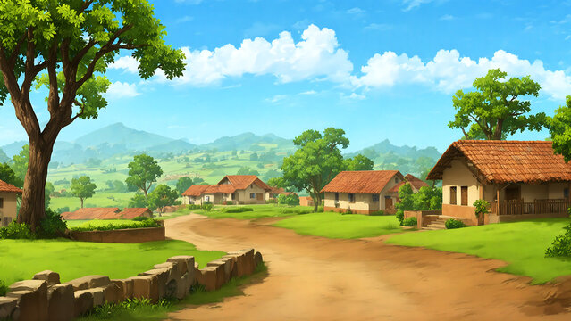 Beautiful rural village house, Indian village background for cartoon