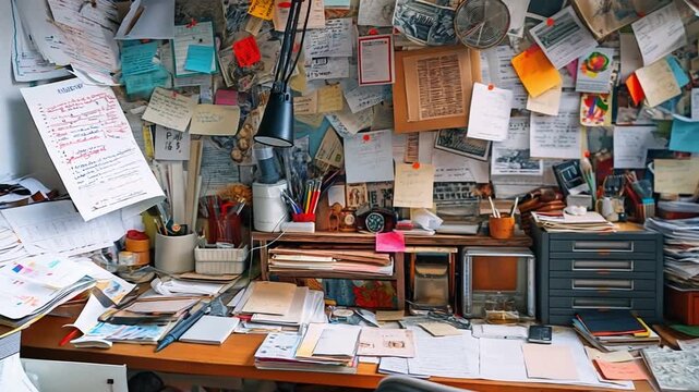 A disorganised desk with random notes, documents, and office supplies