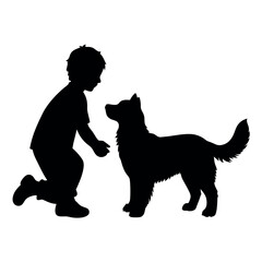 a boy with his dog are playing vector silhouette