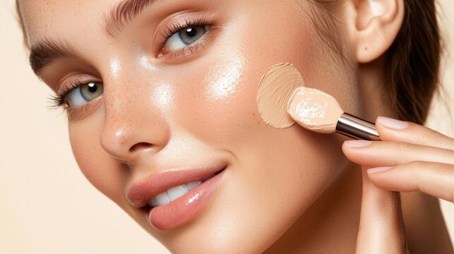 A woman applying foundation to her flawless skin, showcasing a natural makeup look for beauty and skincare enthusiasts.